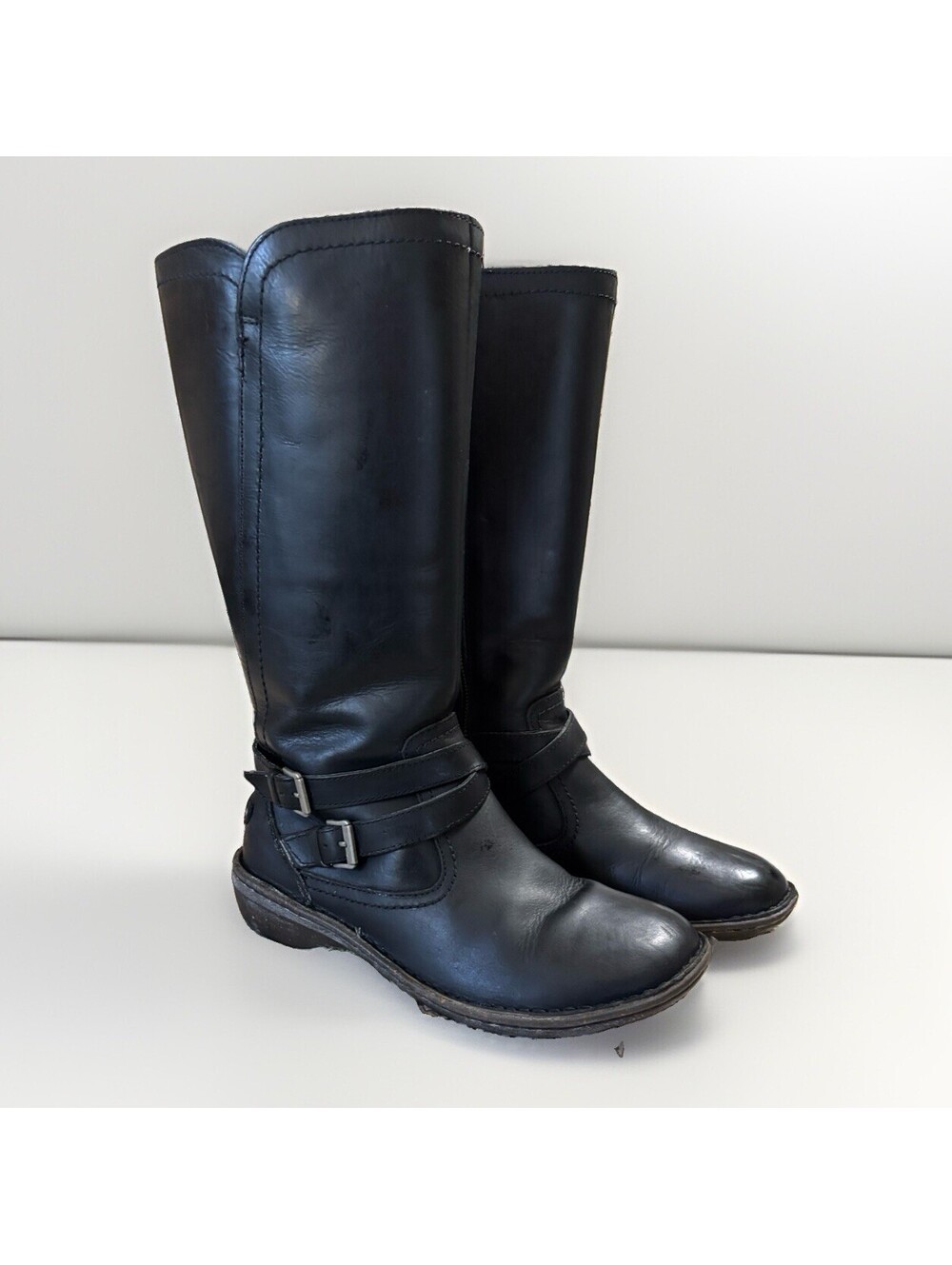 UGG Rosen Black Leather Riding Boots Sz 9 Moto Buckle Zip 1005450
